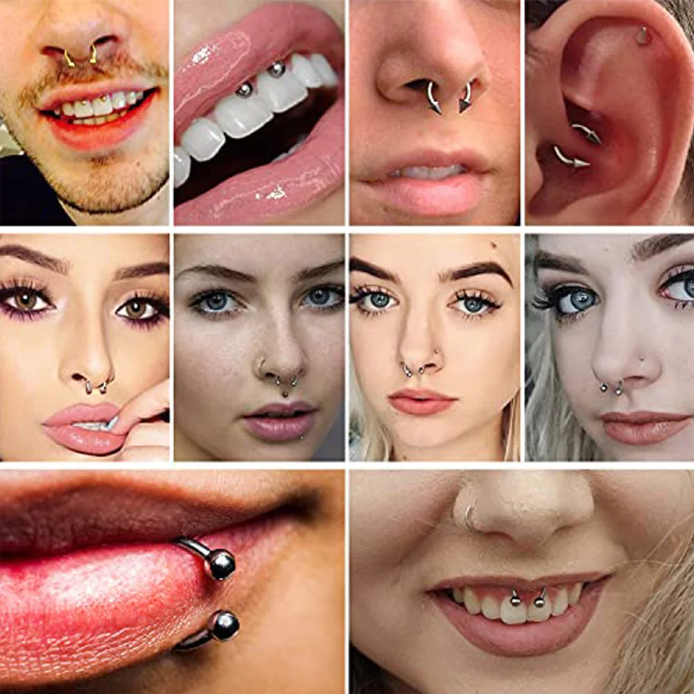 16Pcs Set 6-12mm Men\'s Steel Horseshoe and Captive Bead Nose Hoop Septum Earring Tongue Lip Tragus Piercing Jewelry Rings