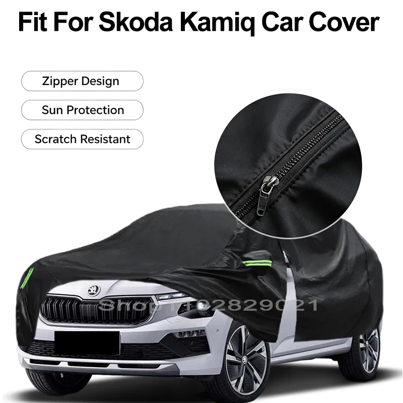 Zipper Door Waterproof Car Cover For Skoda Kamiq Windproof Dustproof UV Protection All Weather Auto Protector