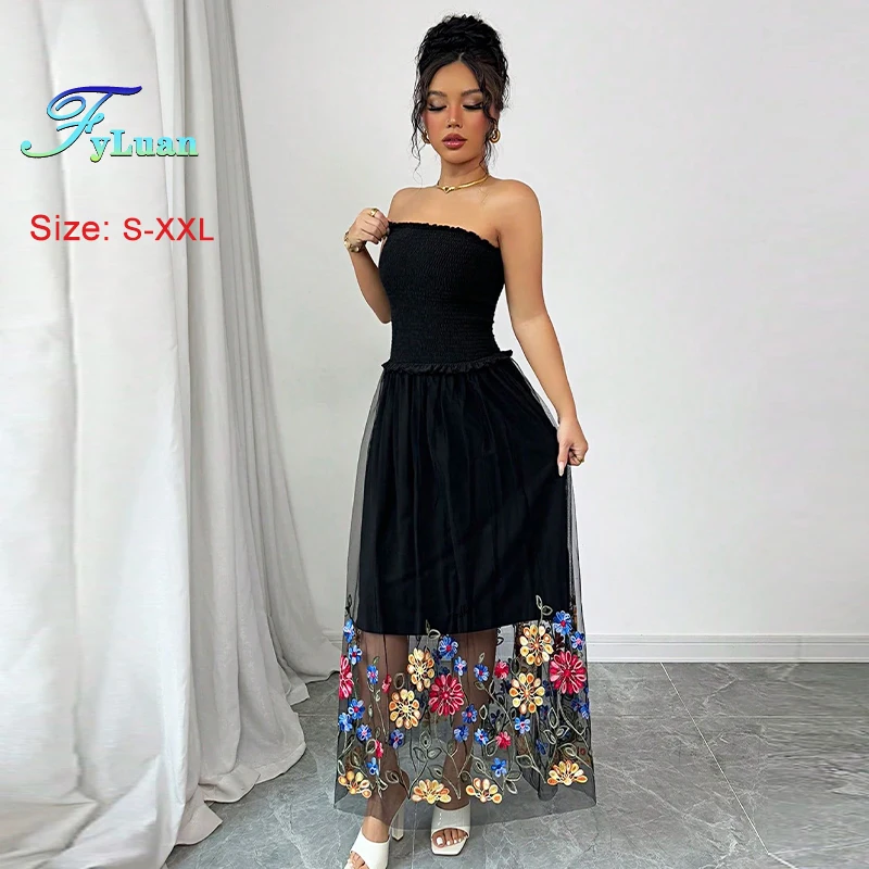 2025 แฟชั่นผู้หญิงสีดําชุดราตรียาวเอวสูงปักตาข่าย Big Swing กระโปรงฤดูร้อนค็อกเทลชุดราตรี