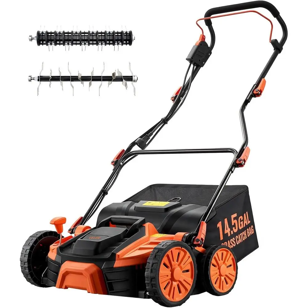 

2-in-1 Electric Deter and Scariier, 16-Inch 15 Amp, Corded Lawn Deter with 14.5-Gallon TCollection Bag, 5-Position Depth Adjusen