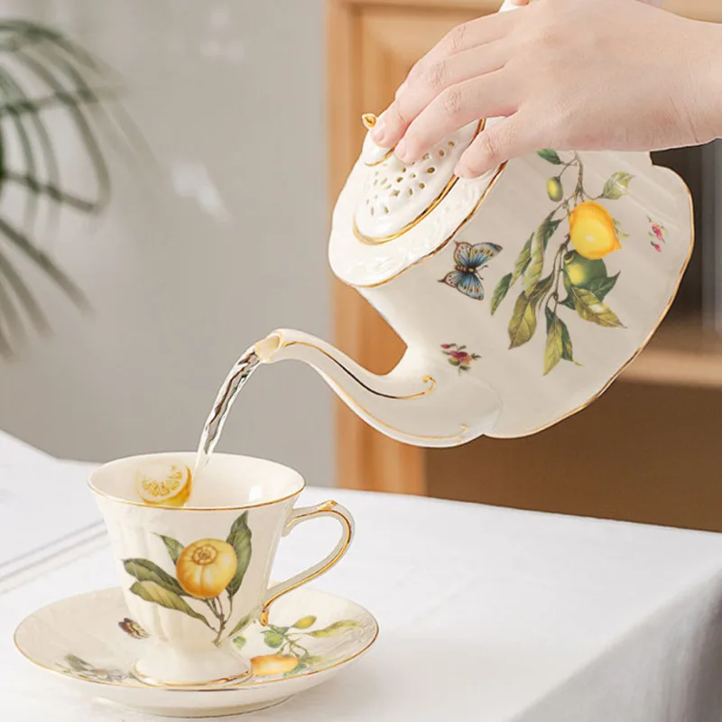 Gold Edge Lemon Teapot Cup And Saucer Coffee Mug Ceramic Dinner Plates Drinkware For Birthday Wedding