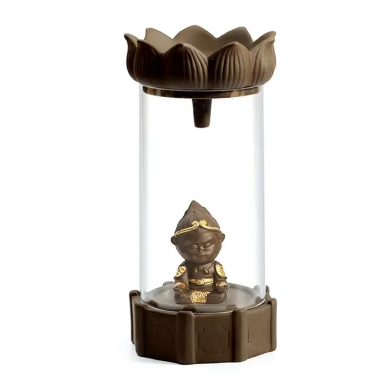 1pc, Ceramic Backflow Incense Burner with Monkey King Figurine and Acrylic Windproof Cover Home Decorations (Without Incense）