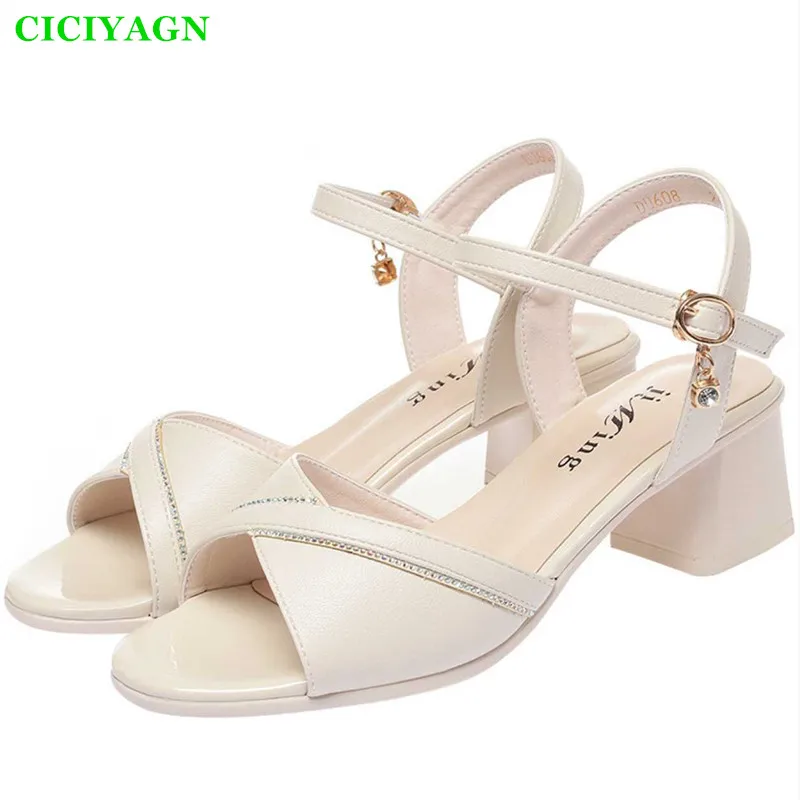 

CICIYANG Women's Sandals 2024 Summer New Ladies High-heeled Sandals Soft Leather Chunky Heel Sandals Fashion Black Beige Shoes