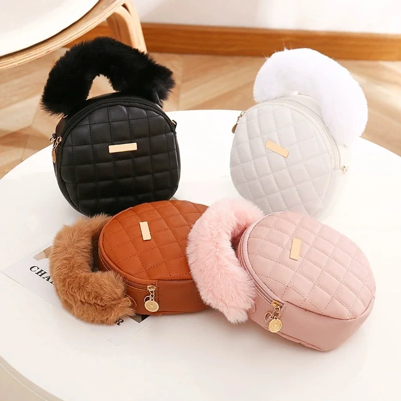 Elegant Mini Crossbody Bag with Soft Plush Handle, Solid Color Fashion Round Messenger Bag, Closure for Daily Use, Phone Wallet