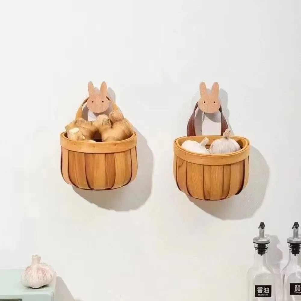Wood Hanging Storage Basket Handwoven Wall Hanging Kitchen Organizer Basket Open Top Space Saving Garlic Onion Holder