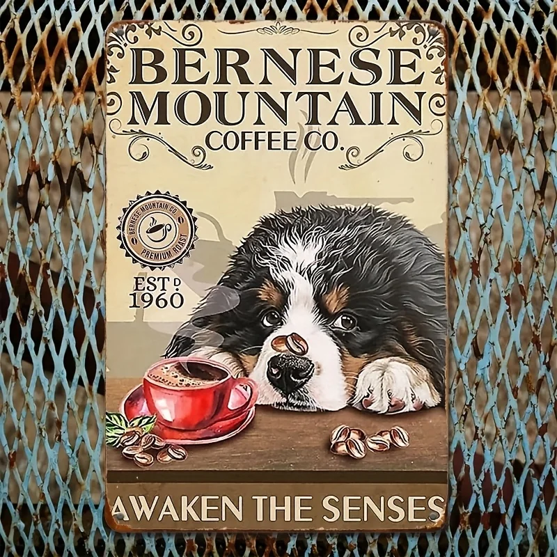 Vintage Bernese Mountain Coffee Co. Metal Wall Art -  Print, Funny Retro Poster with Cute Puppy & Cup Design, , Durable I