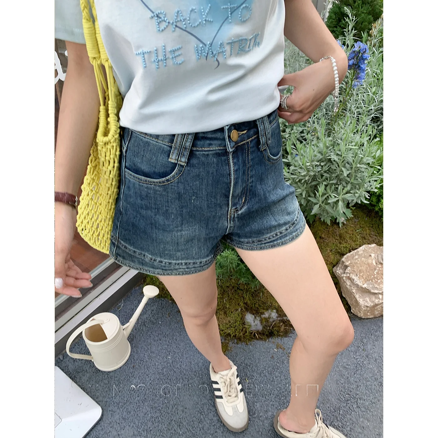 

Fengmi Yang Bubble Retro Blue Wide Leg Denim Shorts Women's Double Waist Commute Straight Tube Jeans Short Length Summer