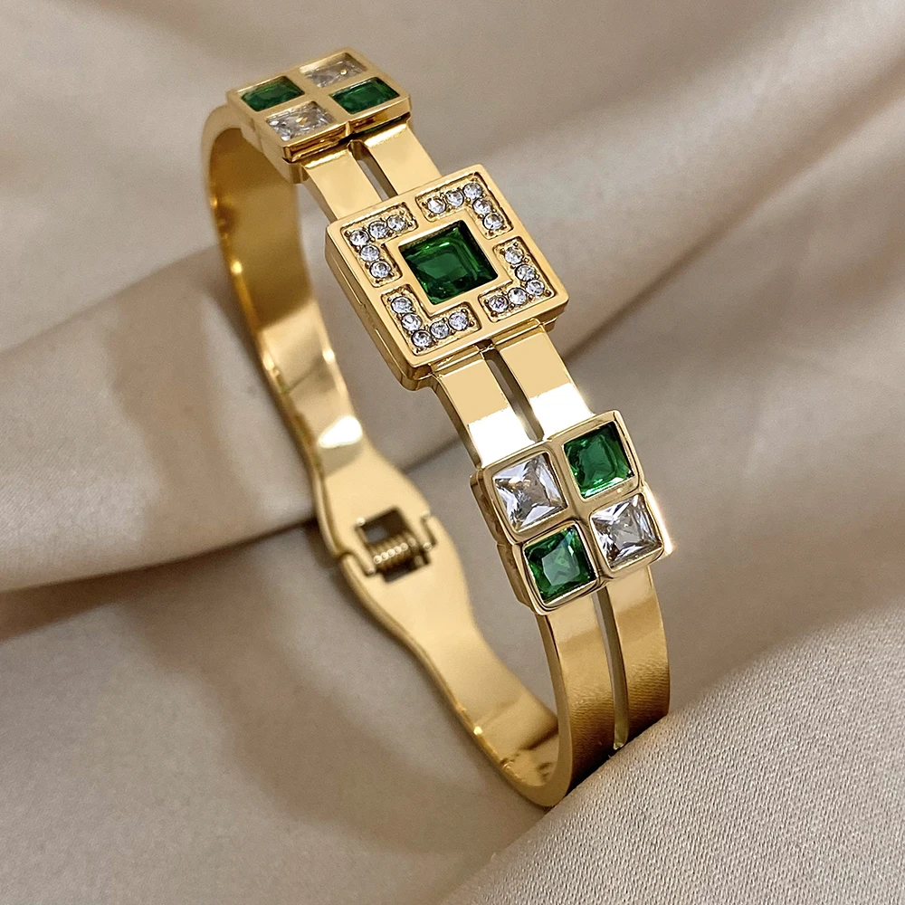 Freetry Exquisite Stainless Steel Large Green Zircon Gold Plated Bracelet Rhinestone Layered Cuff Bracelet Waterproof Jewelry