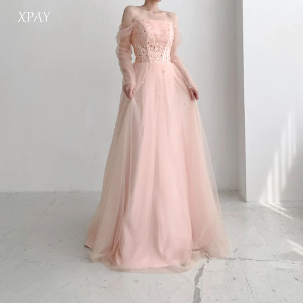 

XPAY Exquisite Bedaing Wedding Dress Off Shoulder Full Illusion Sleeves Tulle Korea Photoshoot Brdial Evening Gown Customized