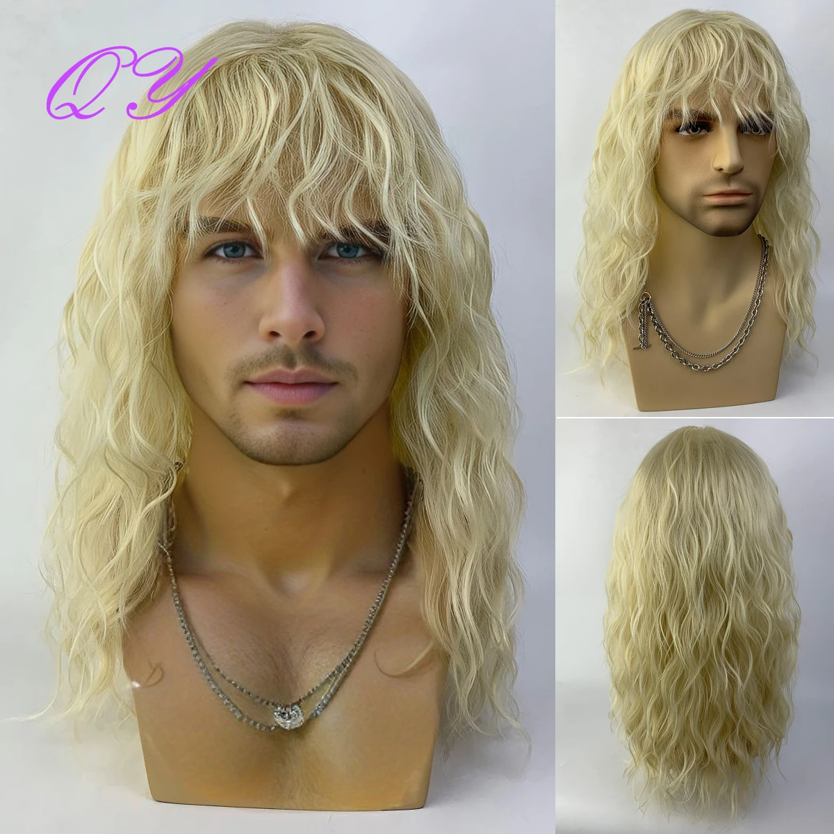 Synthetic Male Wig Natural Curly Blonde Color Man Wig With Bangs Water Wave Daily or Cosplay Adjustable Man Hair Wig