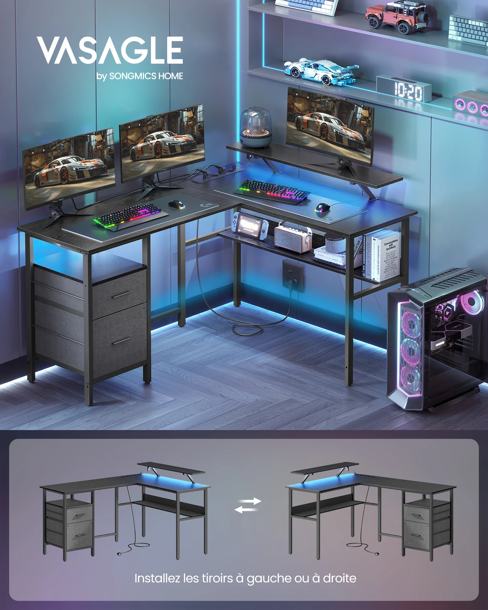 VASAGLE L-Shaped Desk with Sockets, Corner Desk, Computer Desk, Monitor Stand, Gaming Table, LED Lighting, USB Ports