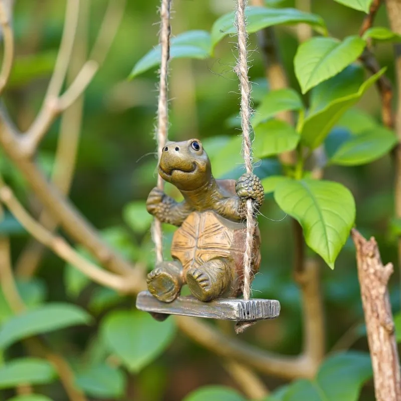 

Cute Simulation Swing Turtle Resin Figurine Creative Rope Fishing Turtle Statue Animal Sculpture Ornaments Outdoor Garden Decor