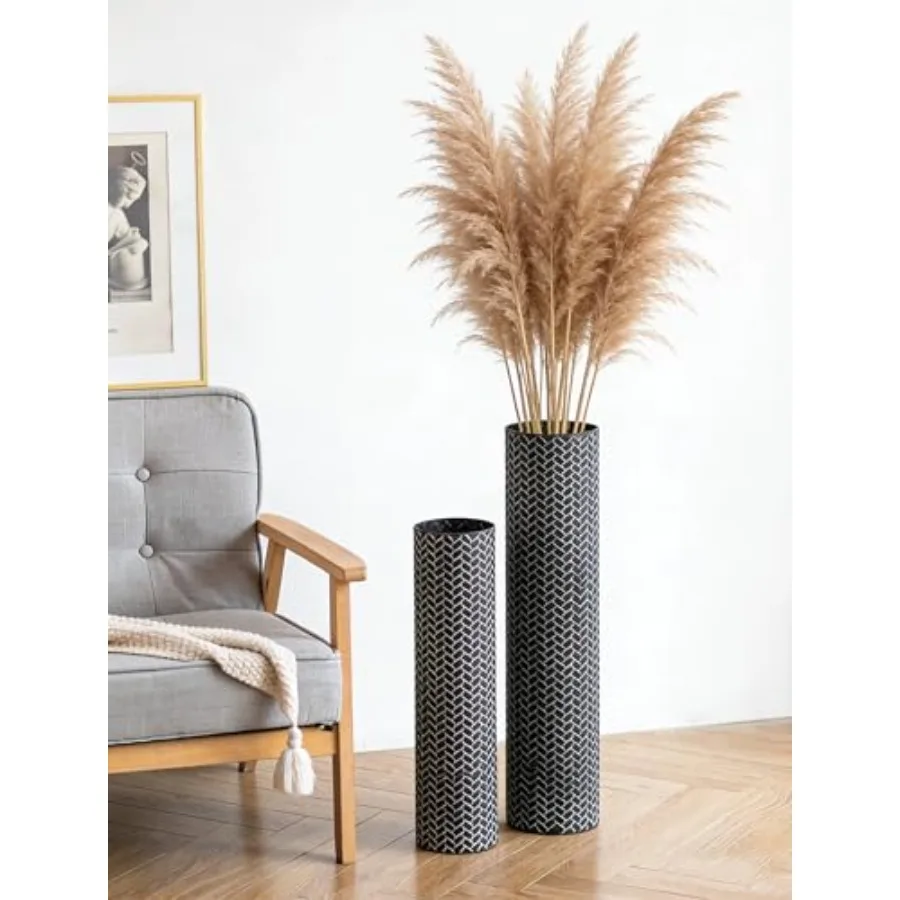 

Высокие напольные вазы: 27.6/21.7 дюймов, металлические современные цилиндрические напольные вазы с плетеной текстурой, очень большие декоративные вазы, набор из 2 штук, для домашнего декора