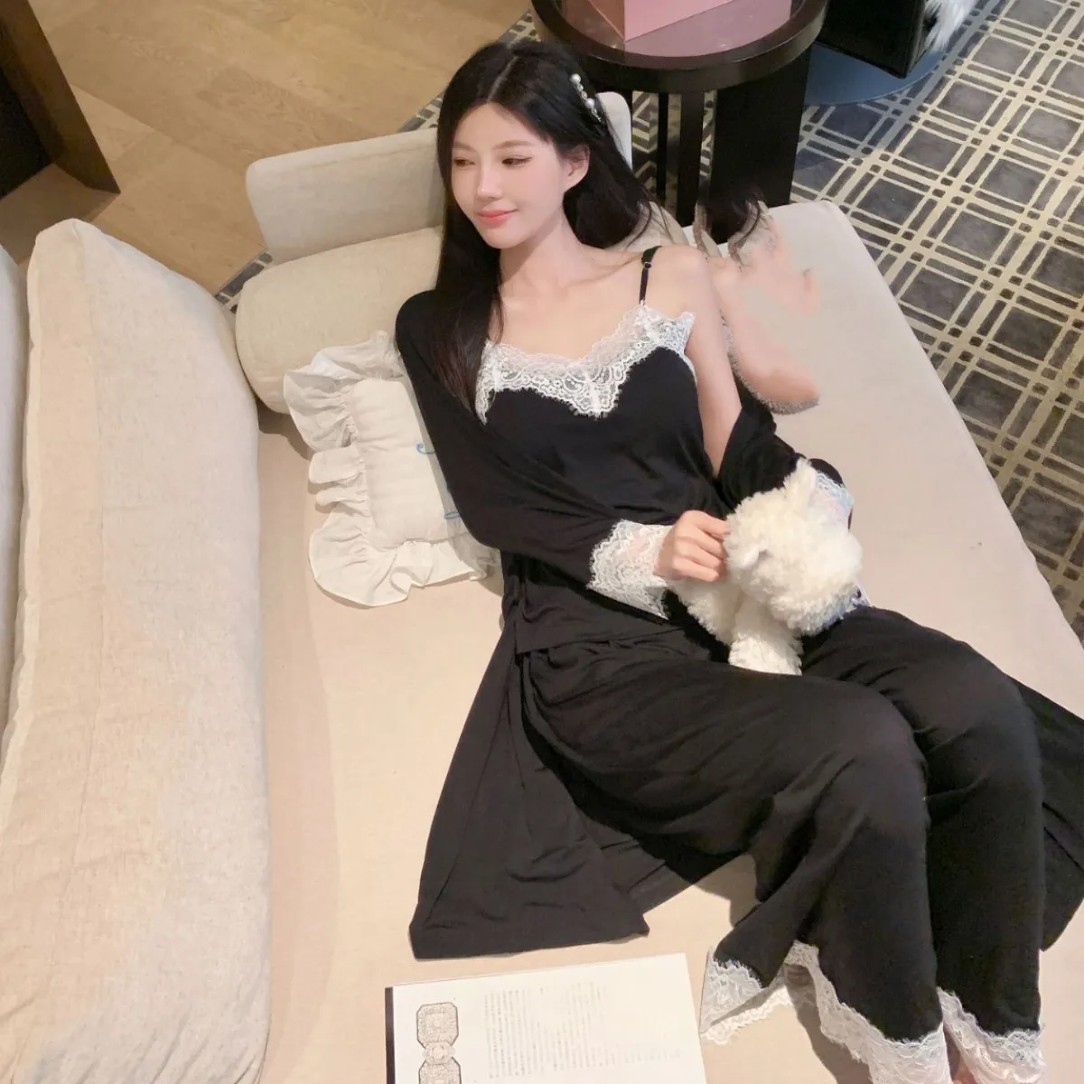 

Autumn Winter Robe Sling Pants 3PCS Pajamas Set Women Sleepwear Loungewear Sexy Lace Modal Homewear