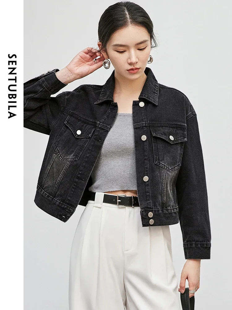 SENTUBILA Vintage Black Denim Jacket for Women 2024 Autumn Casual Long Drop Sleeve Short Denim Coat Woman's Clothing W43W56138