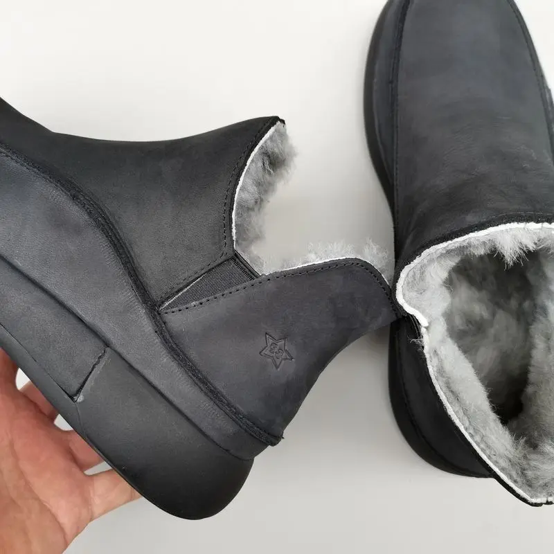 양가죽 모피 남성 신발 천연 양모 정품 가죽 부츠 미끄럼 방지 부드러운 밑창 하이탑 스노우 슈즈 남성 짧은 부츠 겨울