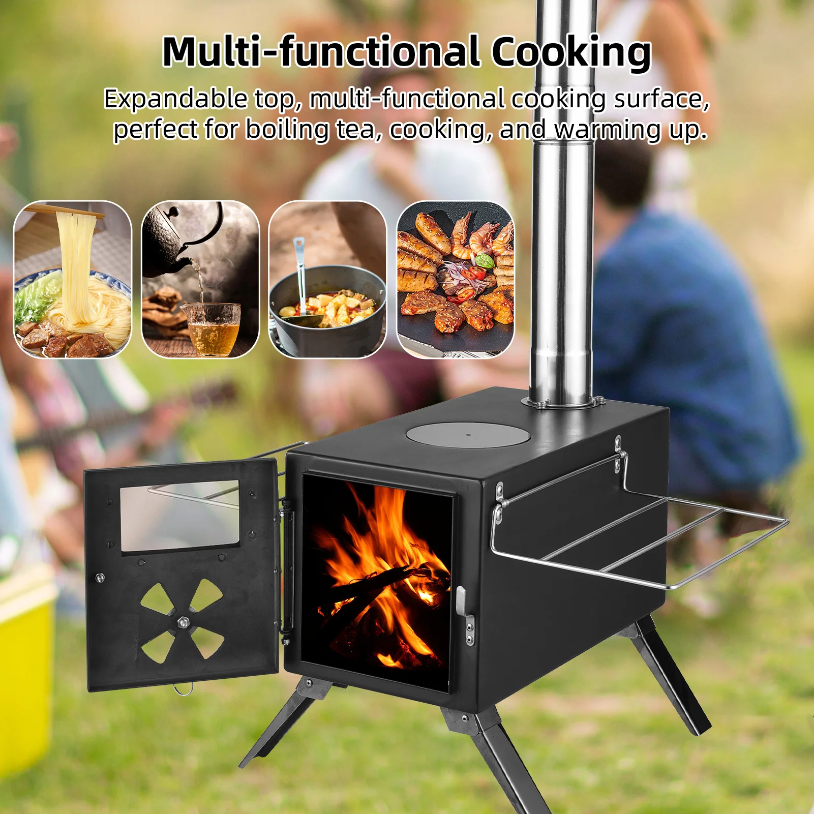 Wood Burning Stove Portable Camping Outdoor Fire Pit Black Stainless Steel Tent Stove for Cooking & Heating Campfire Cooking