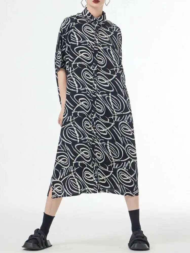Abito camicia midi da donna con motivo nero stampato di grandi dimensioni Nuovo bavero manica corta moda marea primavera estate