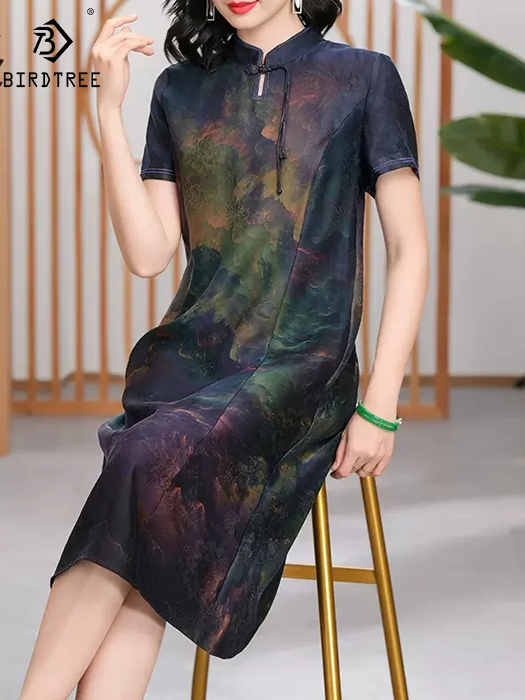 BirdTree, Watered Gauze Silk Elegant Dresses, Women Stand Print, Vintage Mom Oversize Cheongsam, 2024 Spring Summer D453109QM