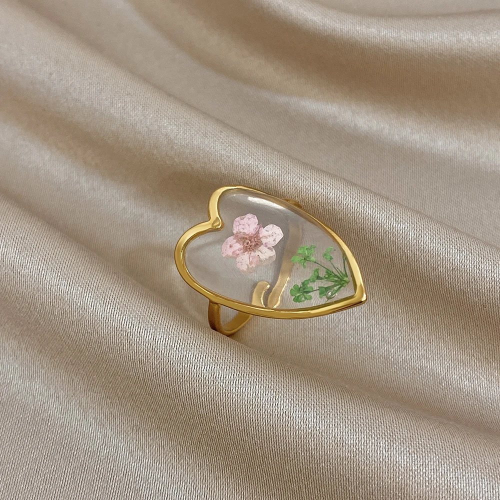 ALLYES Elegant Natural Flower Plant Heart Open Rings for Women Romantic Gold Plated Stainless Steel Finger Ring Jewelry Gifts