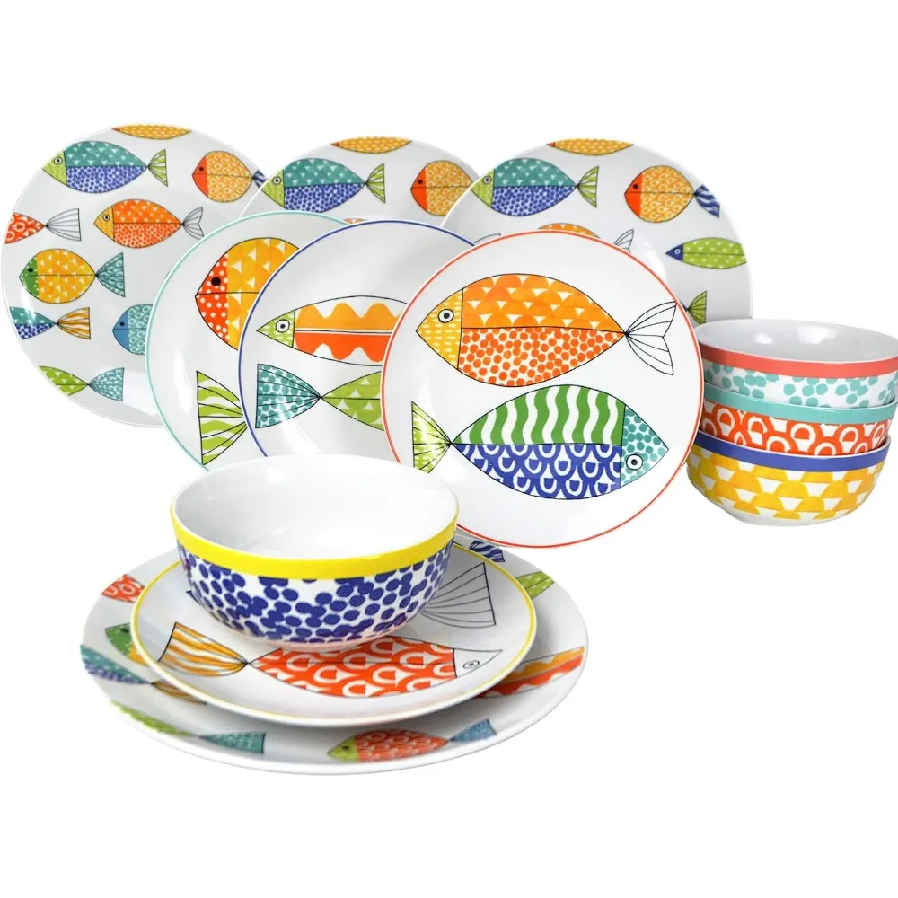 

Euro Ceramica FreshCatch Набор столовой посуды из 12 предметов для 4-х местного применения — керамогранит для использования в помещении и на открытом воздухе — без кружки — милый узор рыбы на Wh