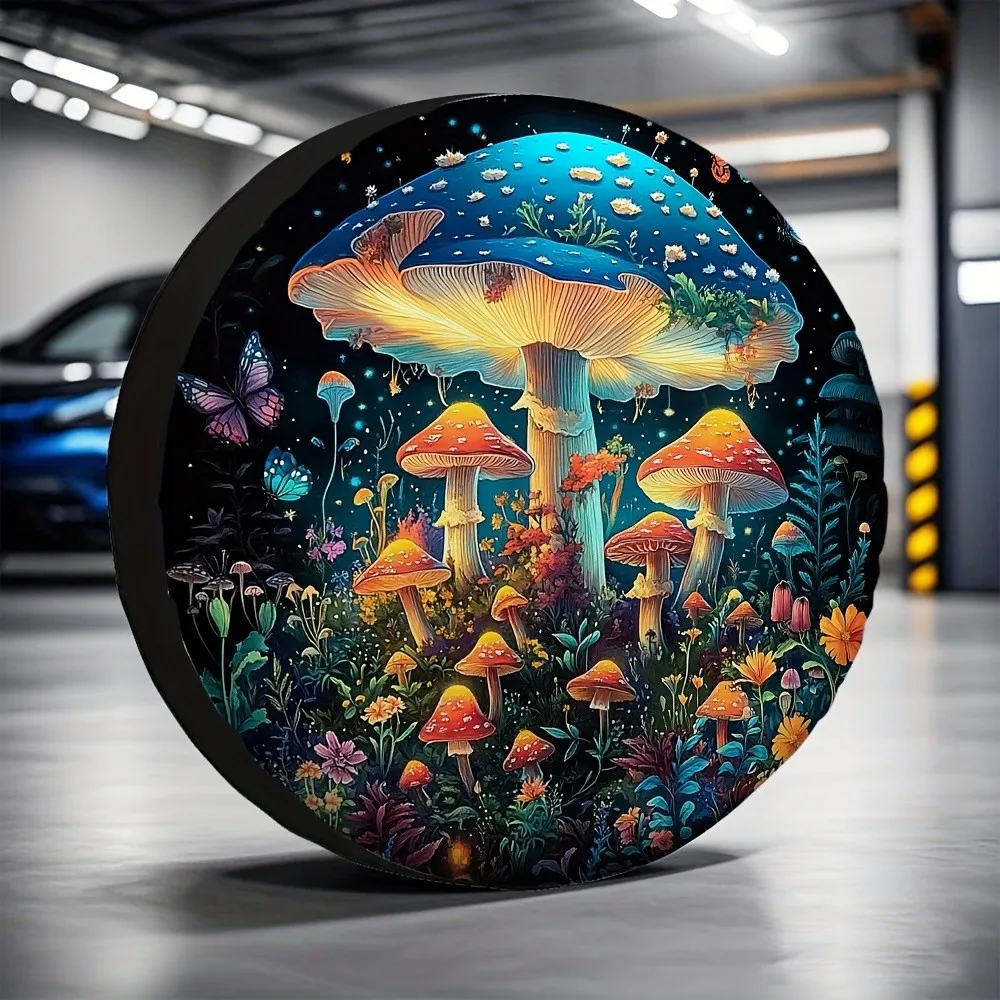 Trippy Psychedelic Colorful Mushroom Butterfly Starry Night Cottagecore Tire Cover