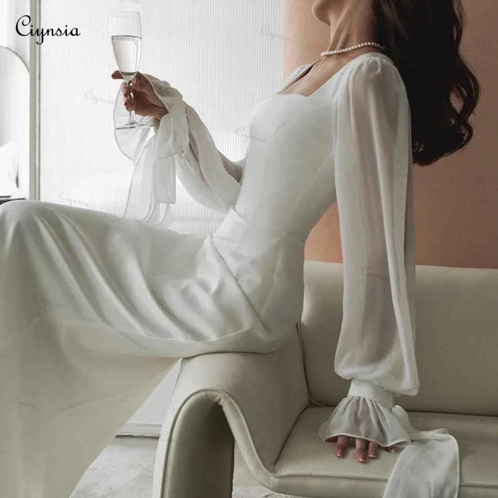 Ciynsia Elegant Sheath Ivory Bridal Gowns Robe De Soirée De Mariage Long Sleeves Simple White Elegant Modest Wedding Dress New