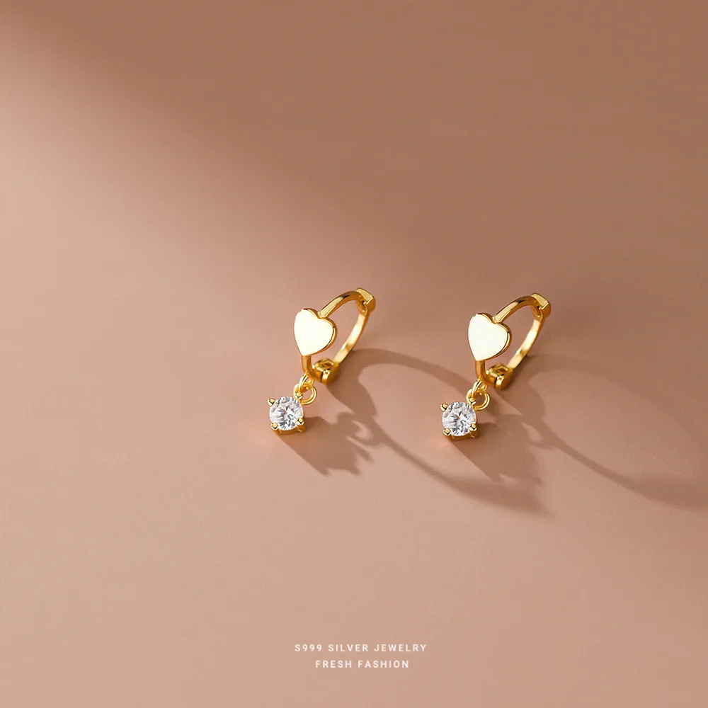 

S999 Sterling Silver Korean Sweet Inlaid Zircon Heart Earrings for Women Temperament Jewelry