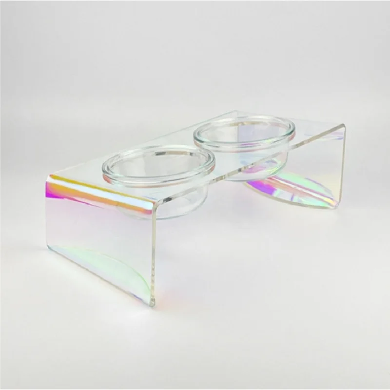 Acrylic Anti Spill Bowl for Cat and Dog, Double Plexiglass Bowls, Rainbow Food Bowl, Pet Bowl Holder, Dazzle Color