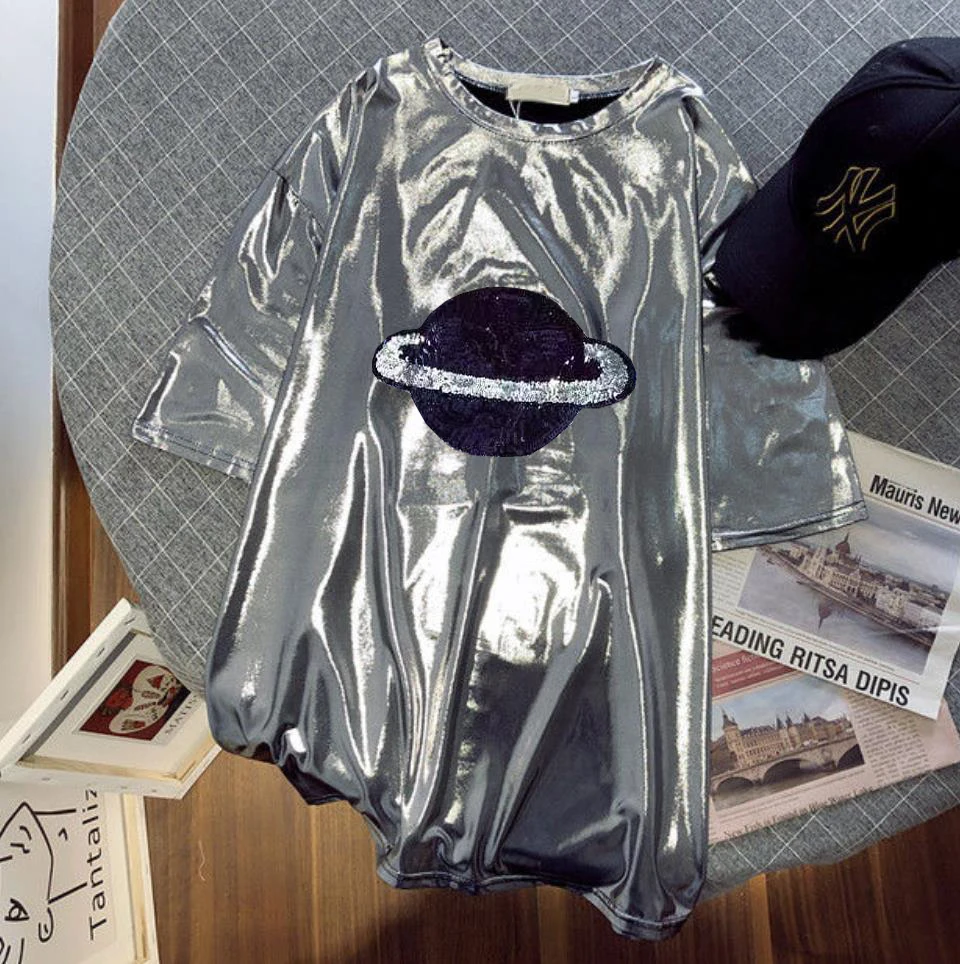 

2023 Spring New Glittering T-shirt Trendy Brand Mid-length Loose Women Men Unisex Hip-hop Short-sleeved O-neck Casual Tops Tees