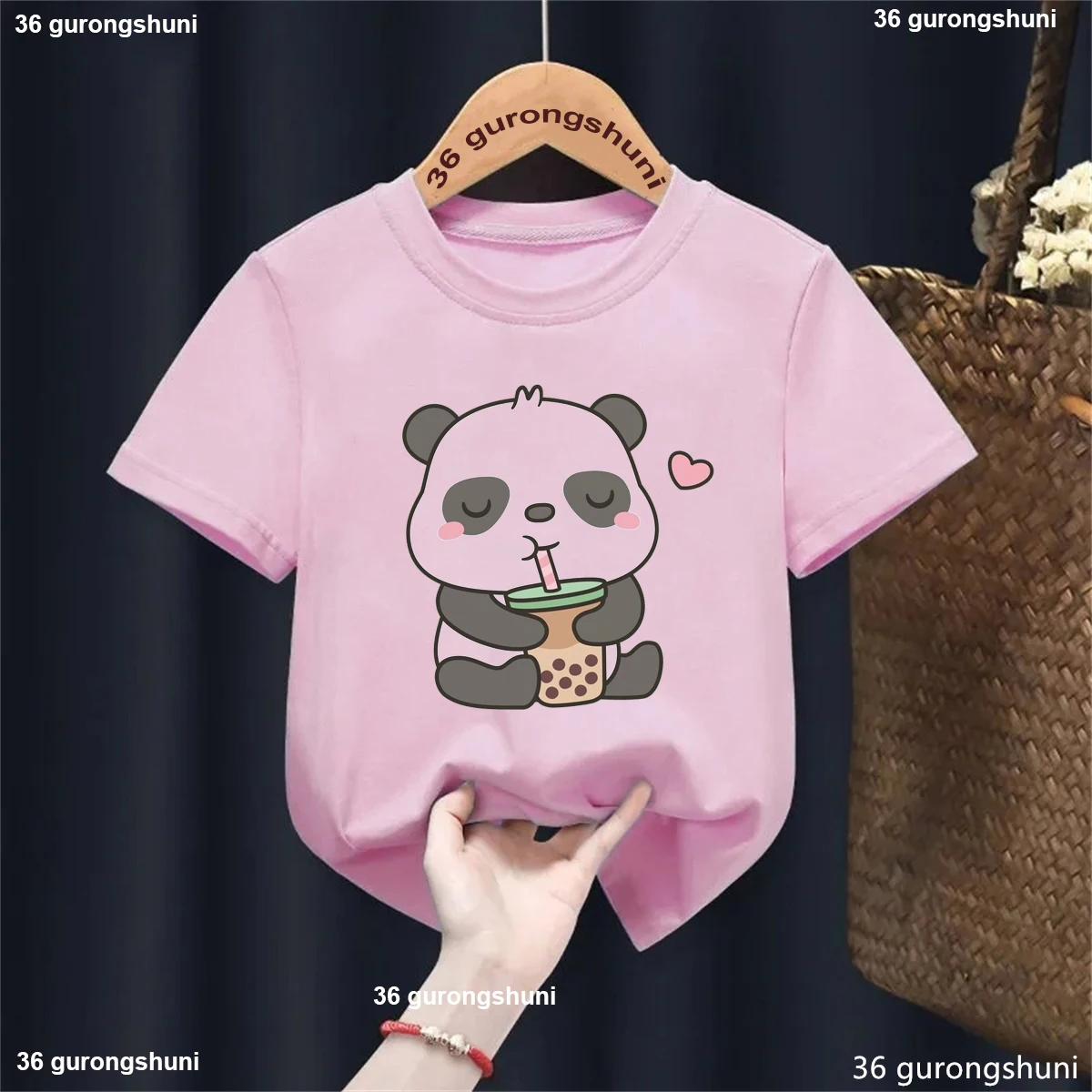 Funny Kawaii Kids Clothes Pandas Love Bubble Tea Cartoon Printed T Shirt Girls/Boys Harajuku Shirt Summer Fashion Soild T-Shirt