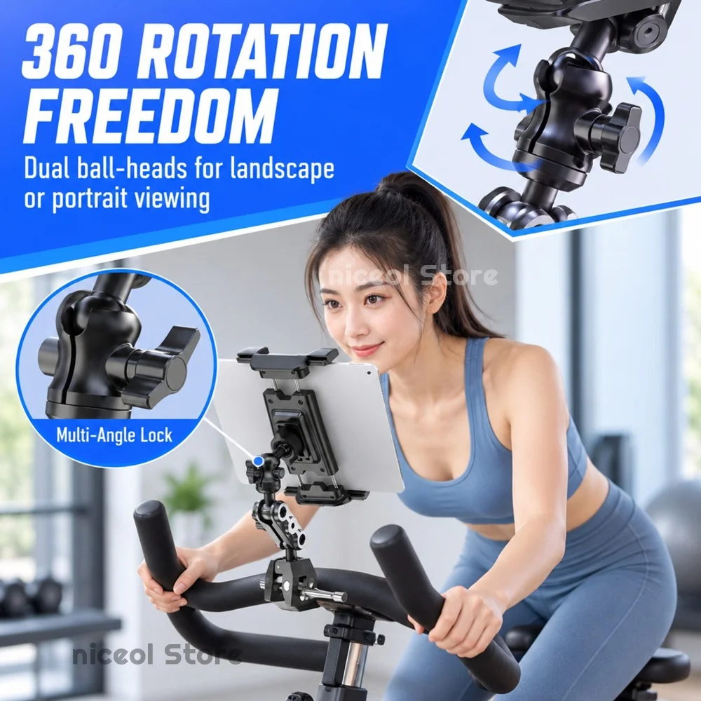360° Adjustable Tablet Clamp Stand for Treadmill Bike Stroller Wheelchair Mic Stand Mount