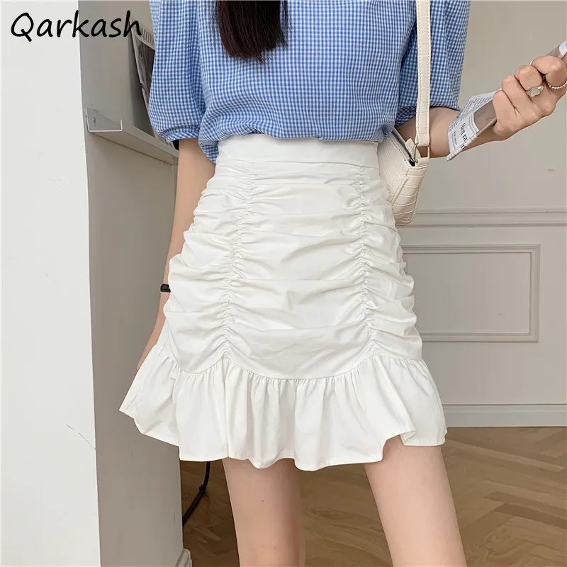 

Skirts Women Mini Trumpet Ruched Ruffles Sweet Prairie Chic High Waist Korean Fashion Solid Hip Wrapped Hot Girls Summer 5XL