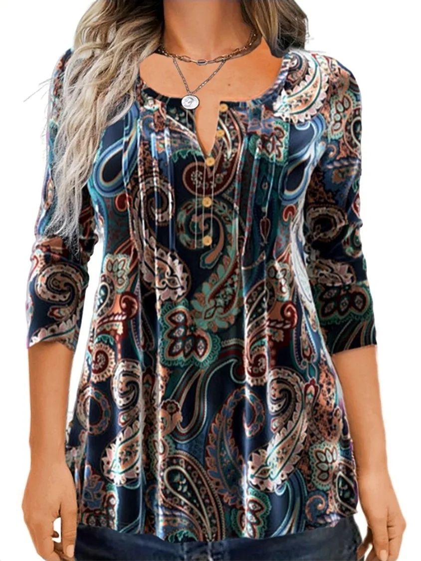 

Spring New Women's T-shirt Fashion Print Round Neck Long Sleeved Button Casual Comfortable Top Long Sleeved Women's Clothing