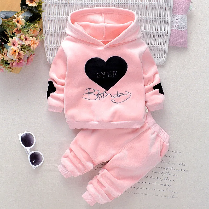 Winter Warm Baby Girls Clothing Set Love Letters Double-Sided Plus Velvet Suit For Kids Toddler Children Clothes 1-4 Years  789