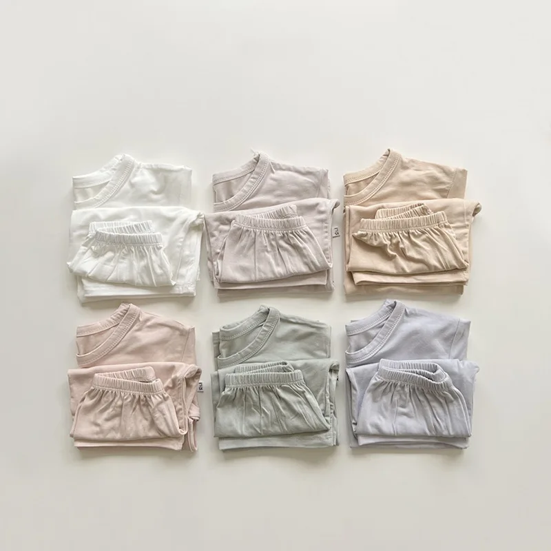 

2026 Summer New Children Short Sleeve Pajamas Two-piece Set Boys Girls Thin Cotton Homewear 2pcs Suit Solid Toddler Outfits