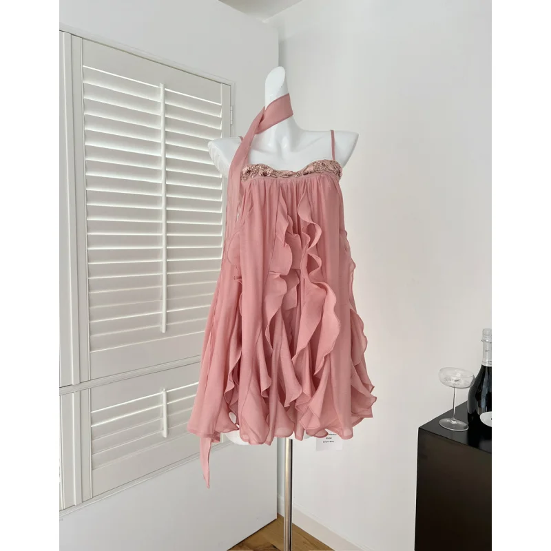 Yang small roll French High sense ruffled spaghetti straps dress vacation dress