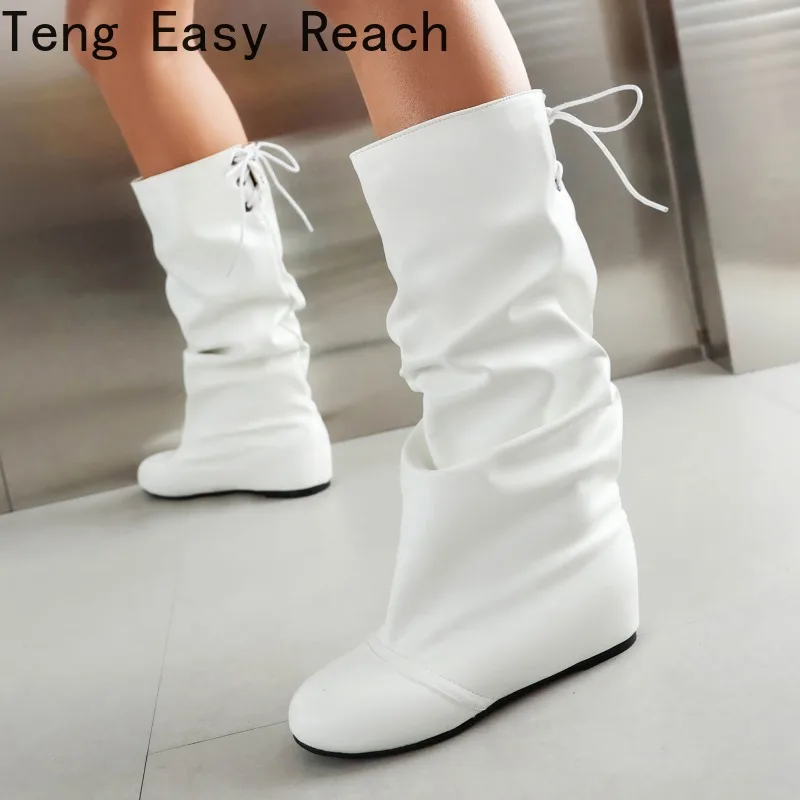 Autumn and Winter White Women\'s Pleated High Boots Fashion Women\'s Round Toe Wedge High Boots Women\'s New Plus Size 33-48