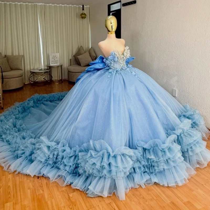 

Shiny Blue Quinceanera Dress Glitter Crystal Sequins Decal Lace Layering Long tail Bow vestidos de 15 Quinceanera ﻿Customized