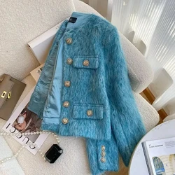 Blue Temperament High Grade Fragrance Coat Women Korean Celebrity Thicken Warm Round Neck Fashion Autumn Winter Jacket Outfits