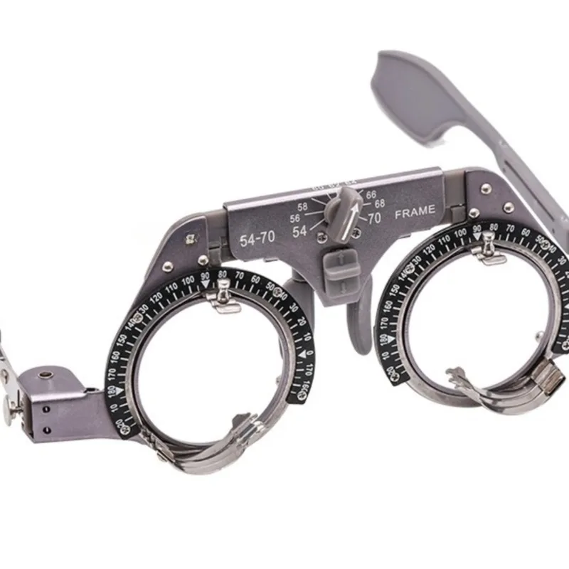 Eyeglass optometry trial wearing frame with adjustable pupil distance and lens insertion frame