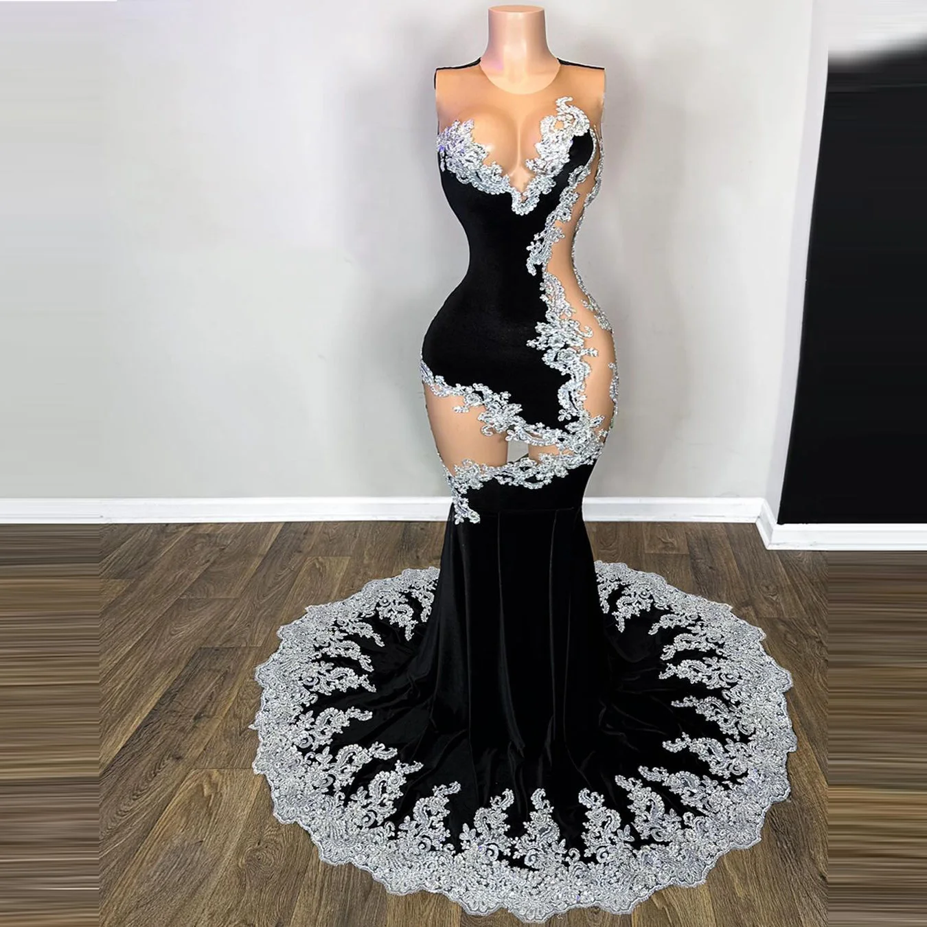 Sexy See Thru Lace Prom Dresses For Black Girls Aso Ebi South   Africa Women Trumpet Velvet Evening Dressing Gowns Hollow Out