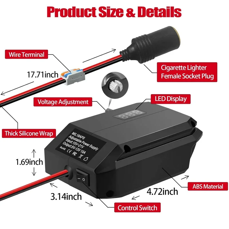 Portable Charger 18VTo 12V Step Down Converter for Milwaukee 18V Battery  Power Wheel Adapter Cigarette Lighter Voltage Regulator