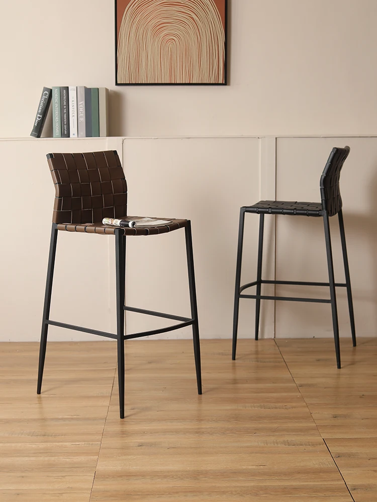 Luxury Italian Saddle Leather Bar Stool High Back Counter Chair for Home Dining Industrial Design