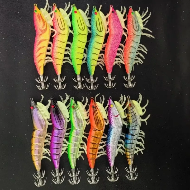 Simulated Shrimp Lures Multi-Size Wooden Shrimp Squid Hook Soft-Legged Shrimp Glow-in-the-Dark Squid Hook Lures
