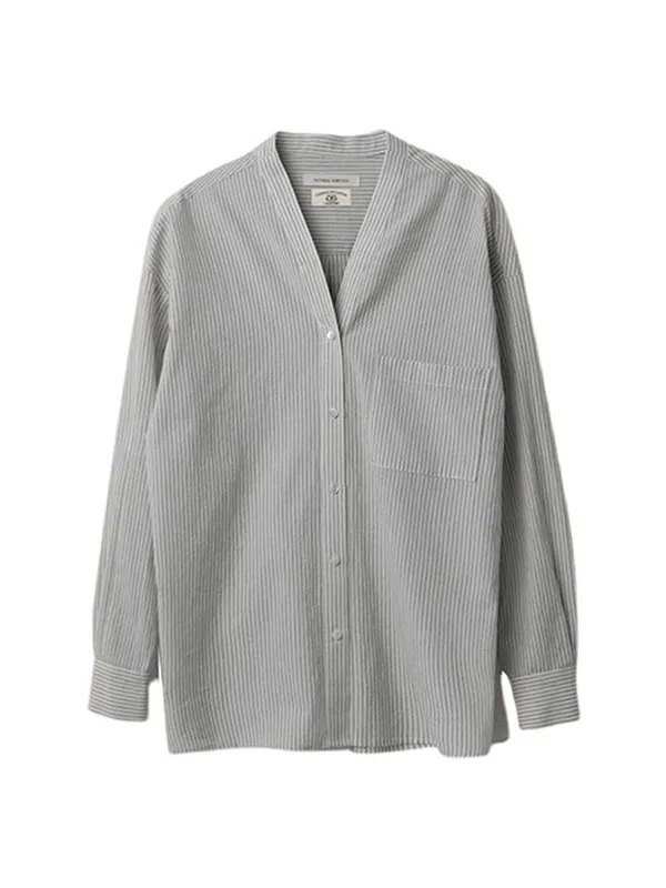 

Женская рубашка из чистого хлопка с V-образным вырезом, дышащая, с тонким полосатым узором, весенне-летняя, повседневная, с длинным рукавом, на пуговицах