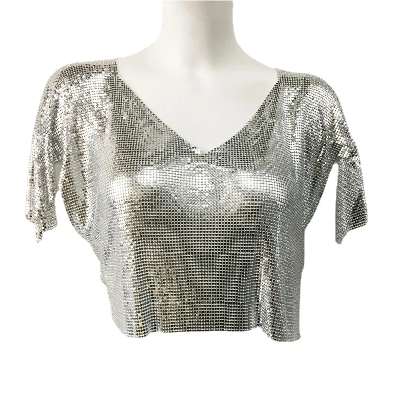 Women's Metal Music Festival Sequin V-neck Irregular Short Sleeved Top Small Vest