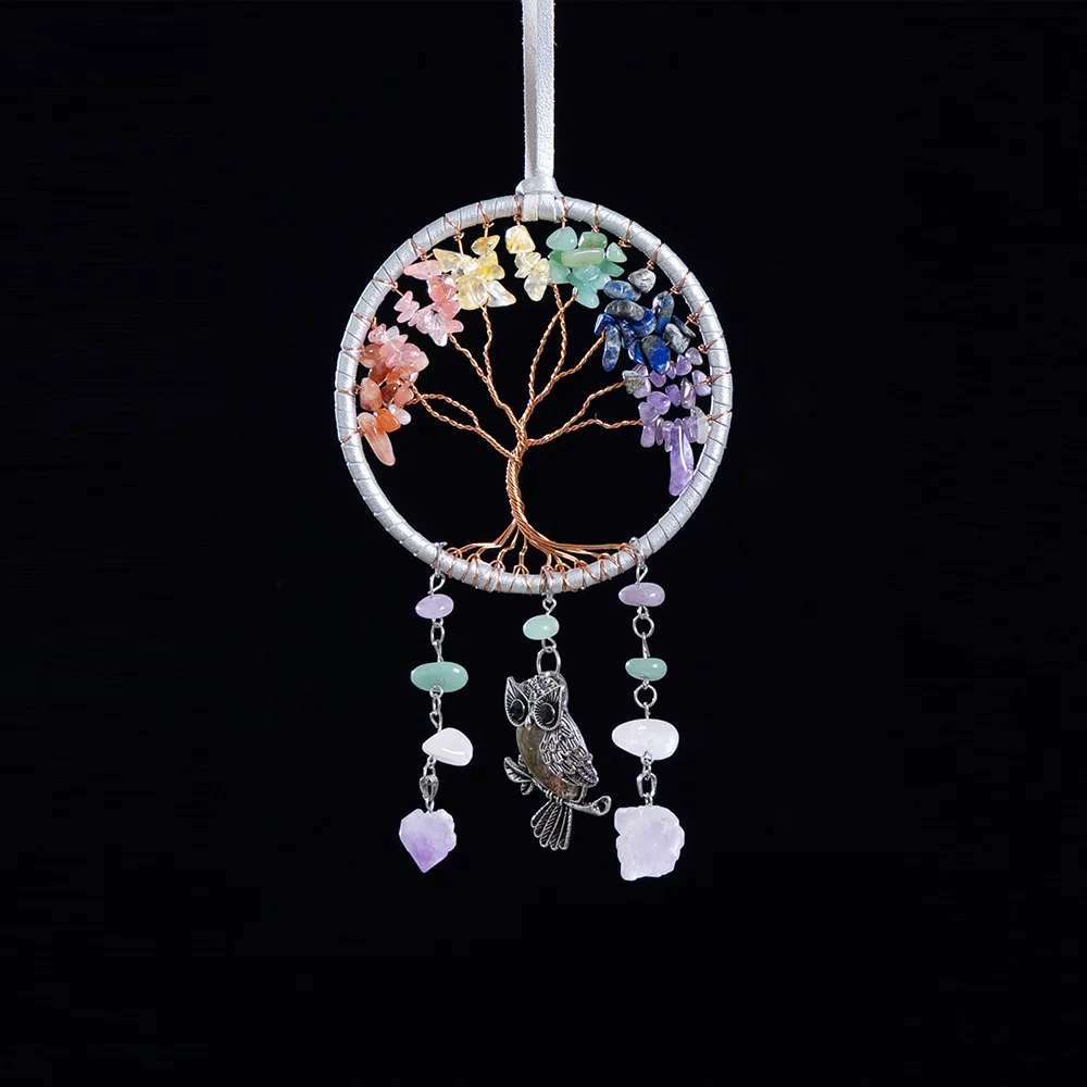 

Crystal Owl Tree of Life Sun Catcher Hanging Car Ornament Natural Gem Stones Amethyst White Suncatcher Home Room Decoration Gift