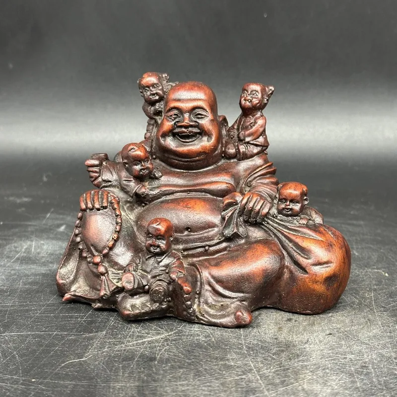 Antique Collection Imitation Redwood Five-Character Laughing Buddha Home Decorative Ornament, Distressed Resin Five-Character La