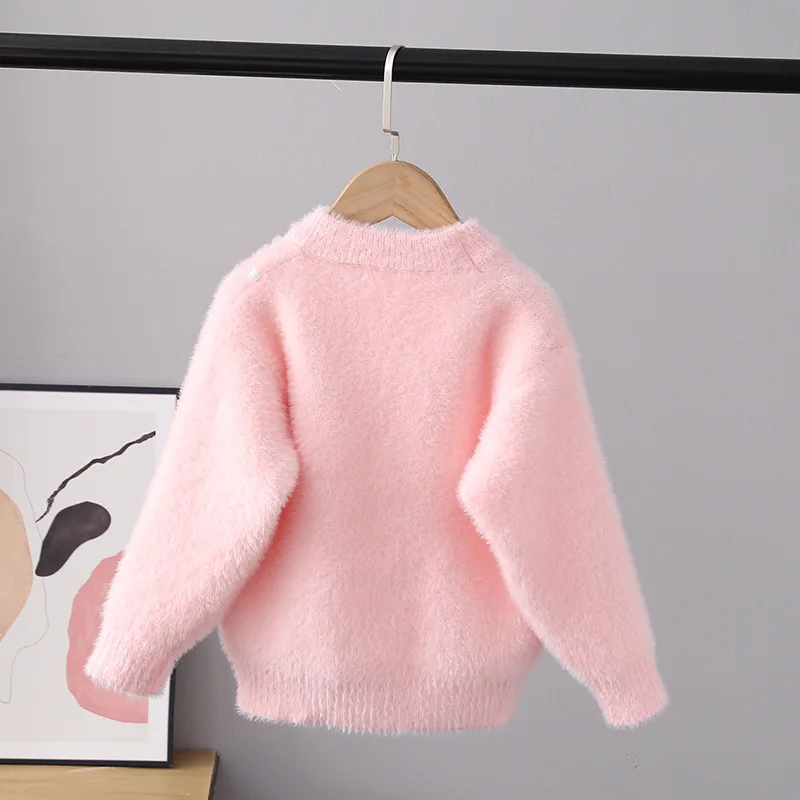 Autumn Winter Girls Sweater Keep Warm Little Girl Cotton Clothing Cartoon Bear Flocking Pullover Knitting Sweaters Kids GY07261